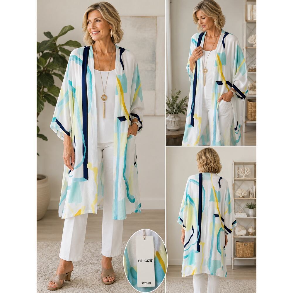 Chico’s Kimono Duster Cardigan XL Blue Mint Yellow Abstract NWT Resort
